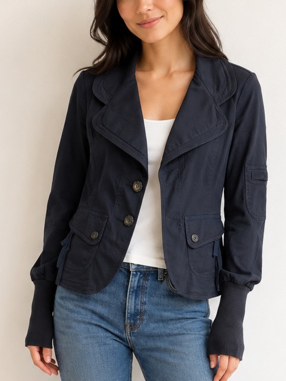 Sisley by Benetton Y2K Fitted Utility Blazer Jacket Deep Midnight Navy Blue XS